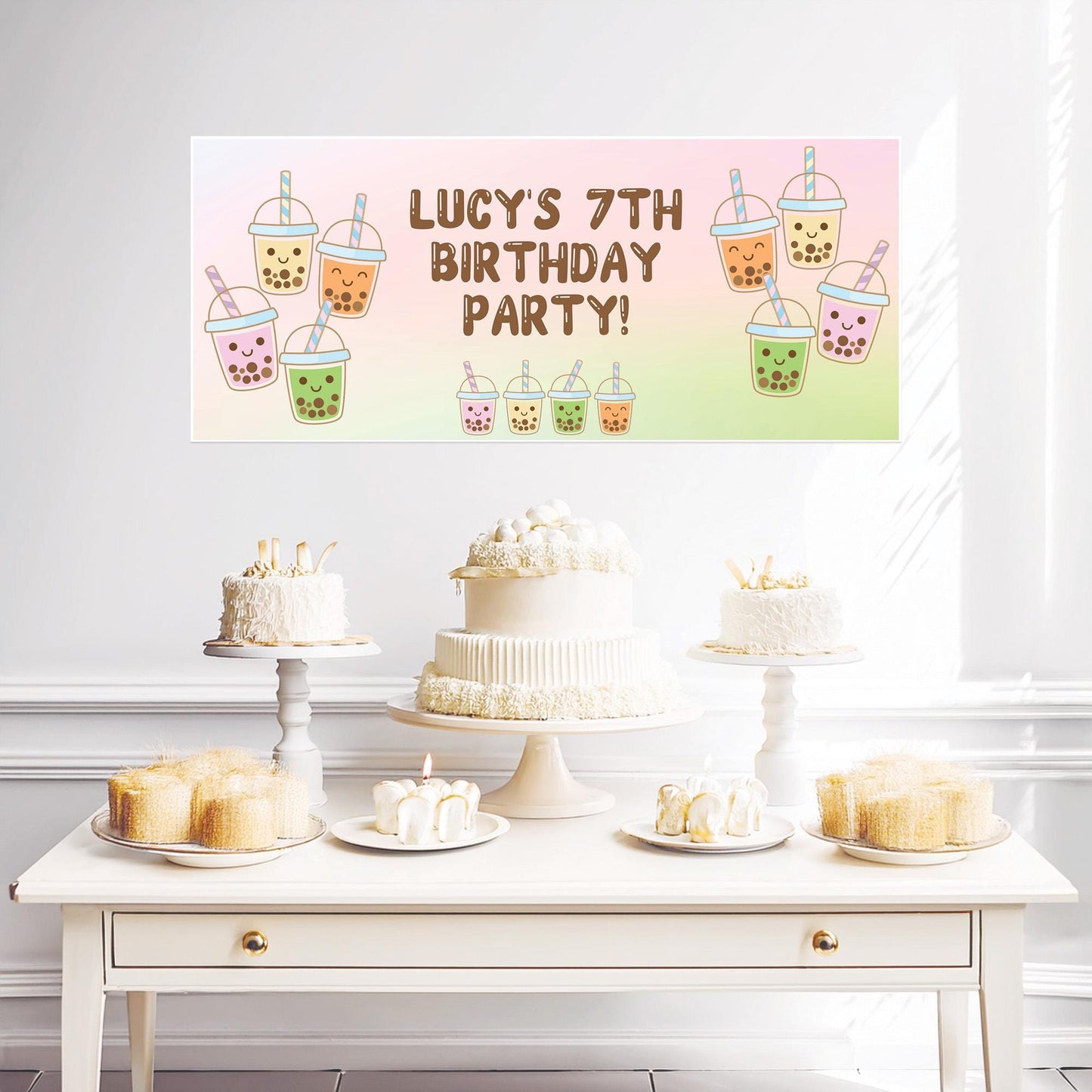 Personalised Bubble Tea Party Banner – Satin Paper Wall Decor for Bubble Tea Themed Birthdays