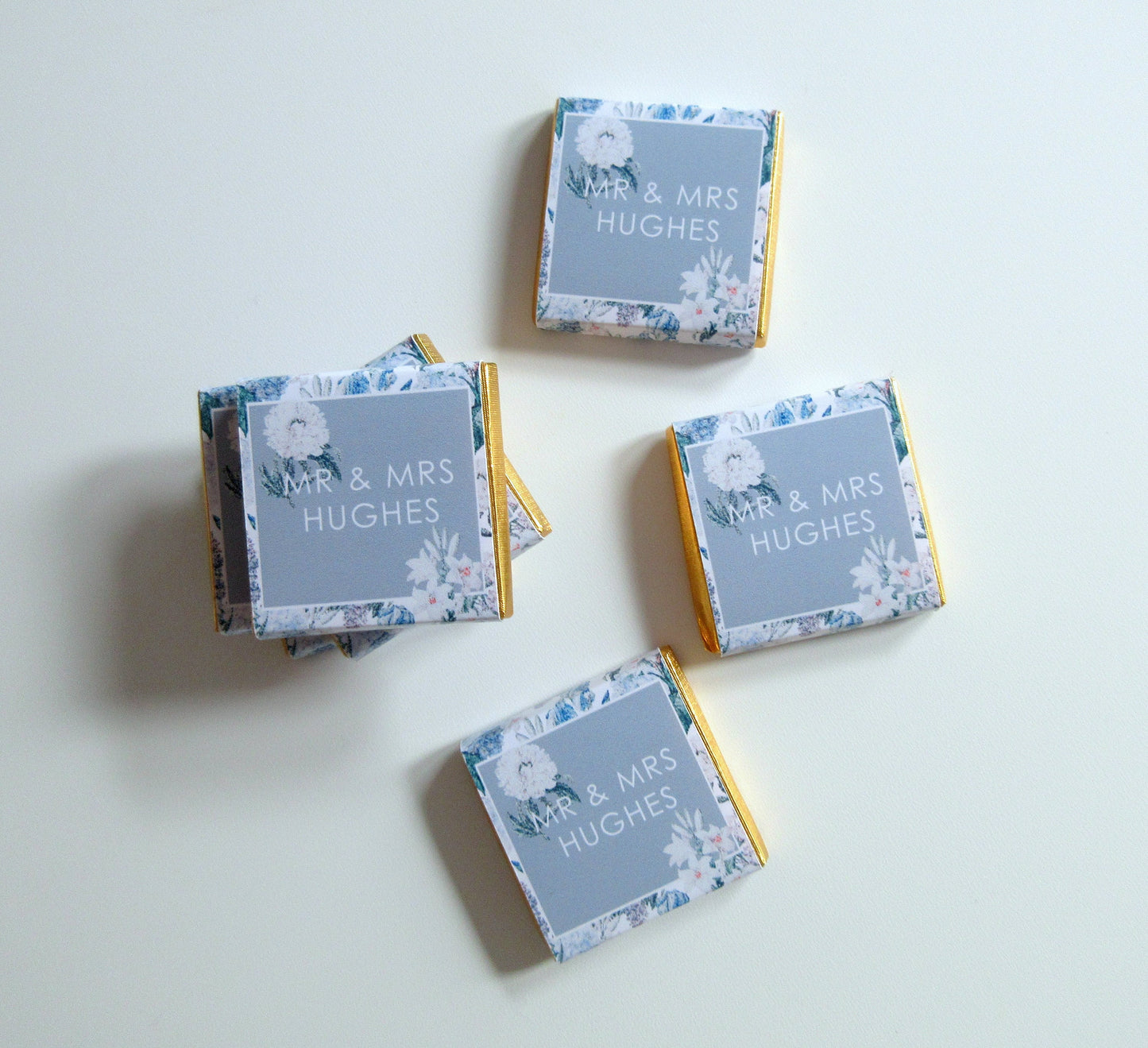 Personalized Blue Wedding Chocolates – Mr & Mrs, Floral Wedding Favours, Pack of 25