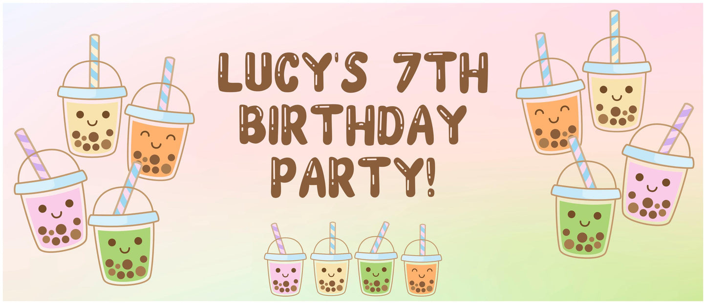 Personalised Bubble Tea Party Banner – Satin Paper Wall Decor for Bubble Tea Themed Birthdays