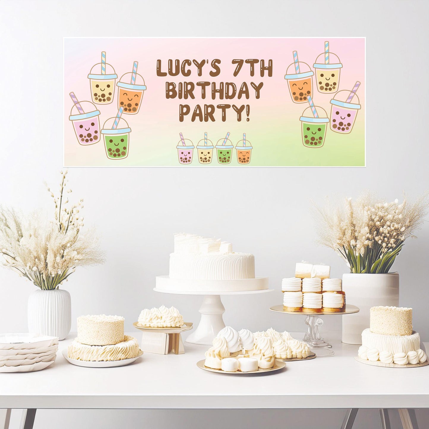 Personalised Bubble Tea Party Banner – Satin Paper Wall Decor for Bubble Tea Themed Birthdays