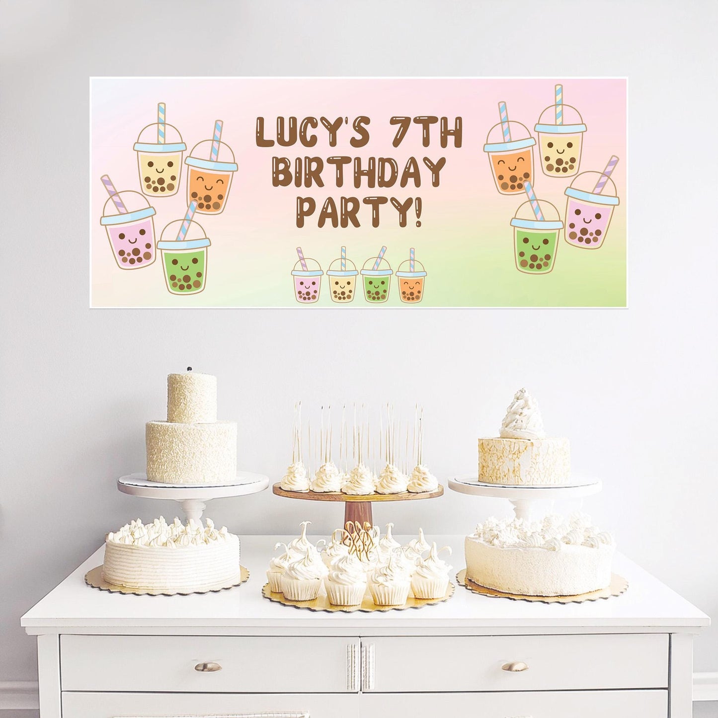 Personalised Bubble Tea Party Banner – Satin Paper Wall Decor for Bubble Tea Themed Birthdays