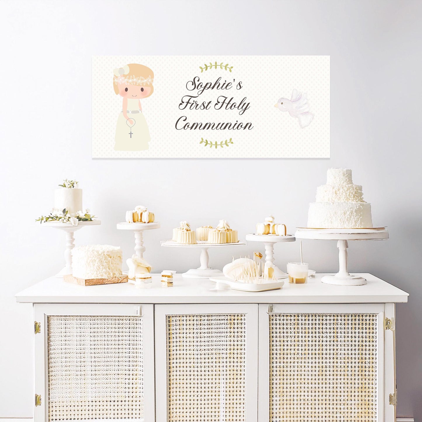 Personalised 1st Communion Banner for Girls with Short Hair β Satin Paper Wall Party Decor
