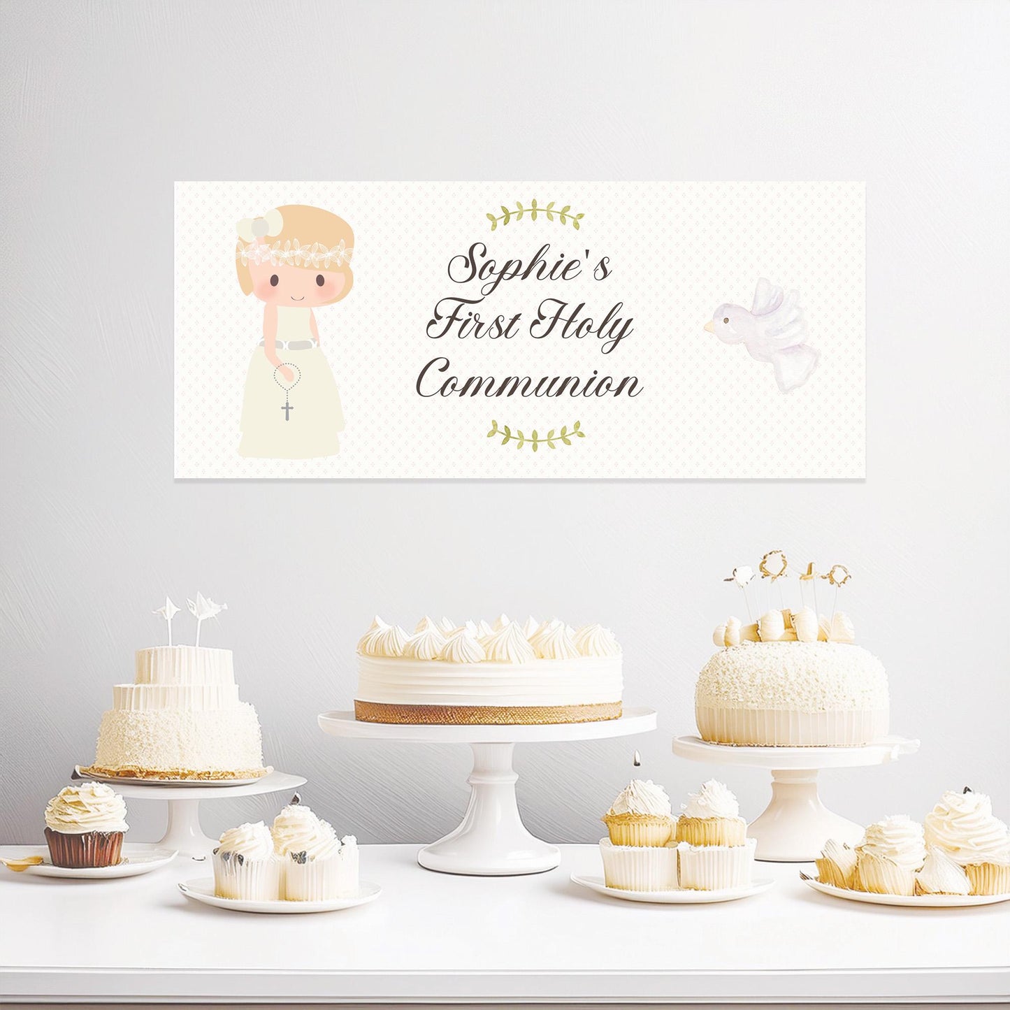 Personalised 1st Communion Banner for Girls with Short Hair β Satin Paper Wall Party Decor