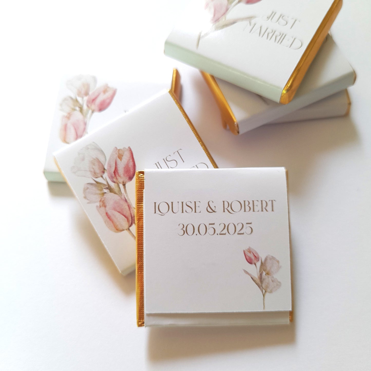 Elegant Wedding Personalised Chocolate Favours – Pastel Tulips Design (Pack of 25)