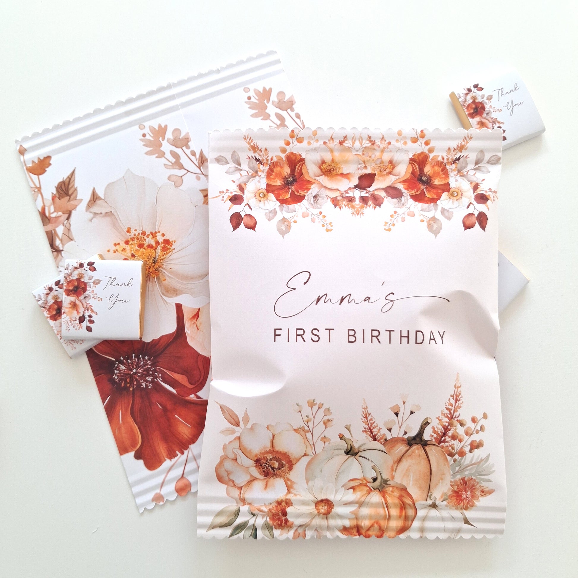 Party bags featuring a floral design in autumnal colors