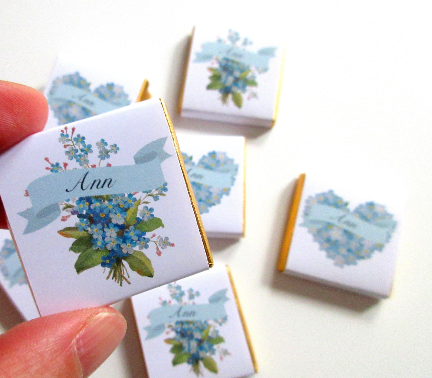 Forget Me Not Floral Bouquet Personalized Chocolate Favours – Funeral & Memorial Guest Favours, Pack of 25