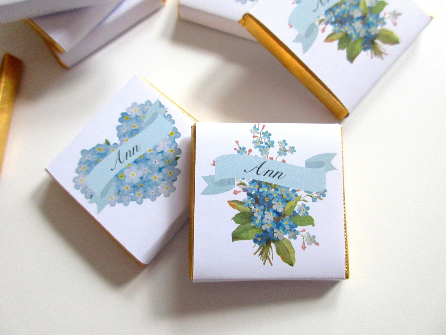 Forget Me Not Floral Bouquet Personalized Chocolate Favours – Funeral & Memorial Guest Favours, Pack of 25
