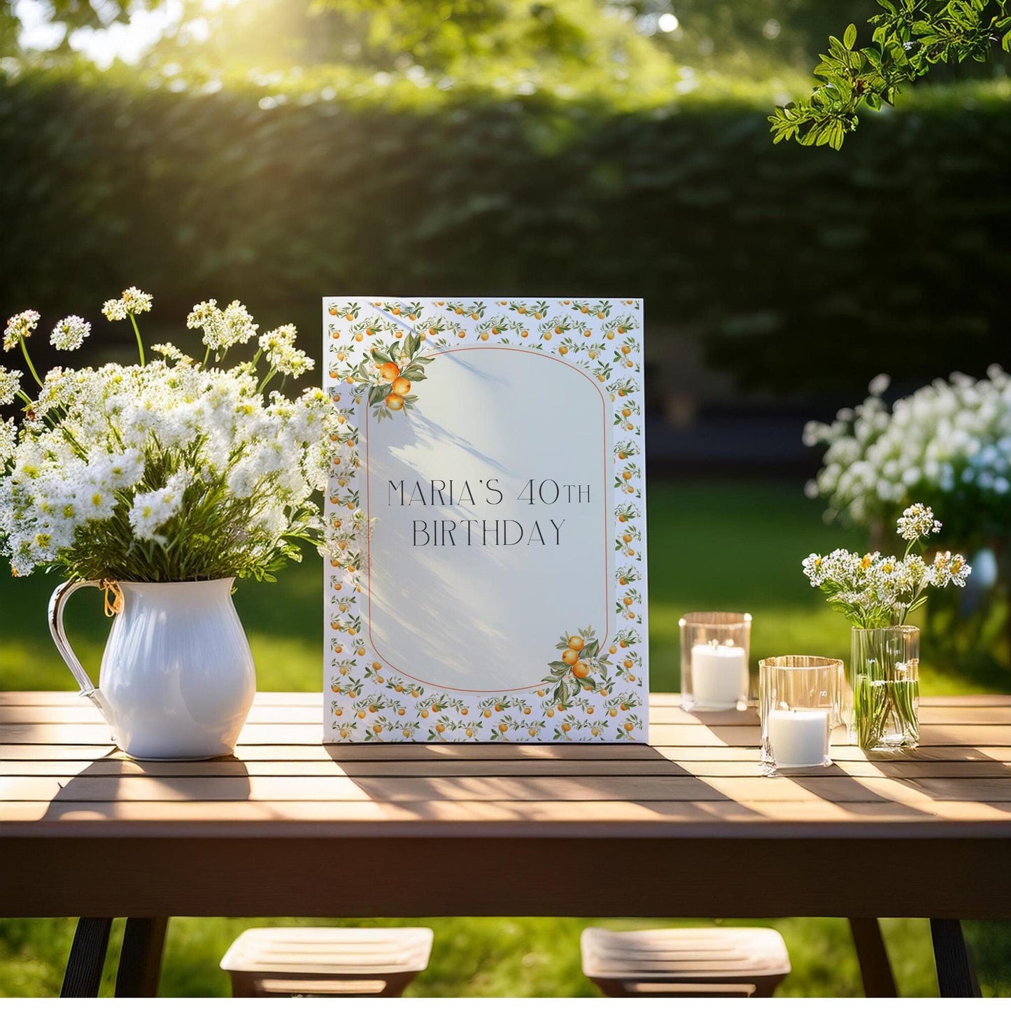 Personalised 40th Birthday Printed Sign β Mediterranean Oranges Design, Custom Table Centrepiece, Unframed in Multiple Sizes for Party Decor