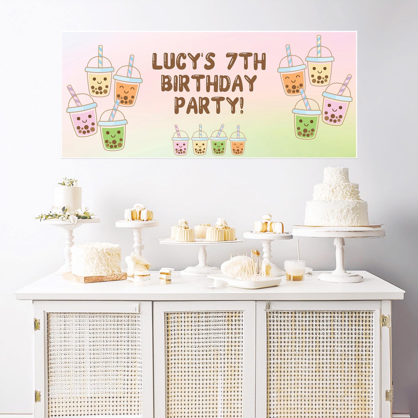 Personalised Bubble Tea Party Banner – Satin Paper Wall Decor for Bubble Tea Themed Birthdays