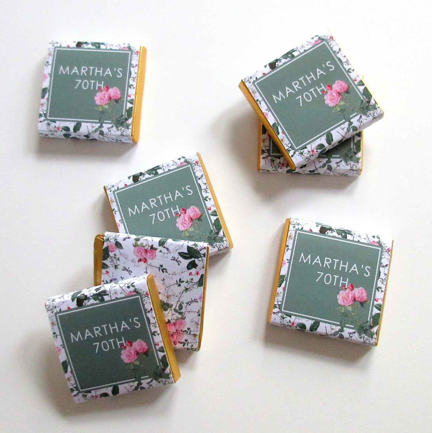 Personalized Birthday Chocolate Favours β Cottage Garden Green & Pink, Party Favours, Pack of 25