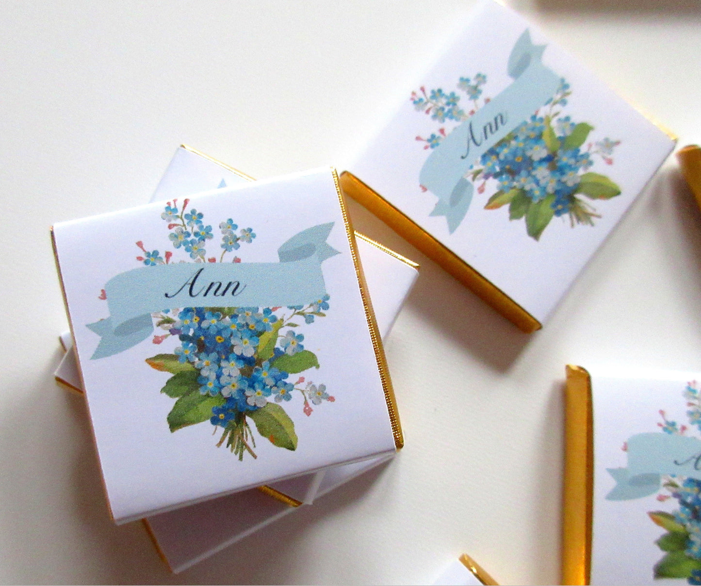 Forget Me Not Floral Bouquet Personalized Chocolate Favours – Funeral & Memorial Guest Favours, Pack of 25