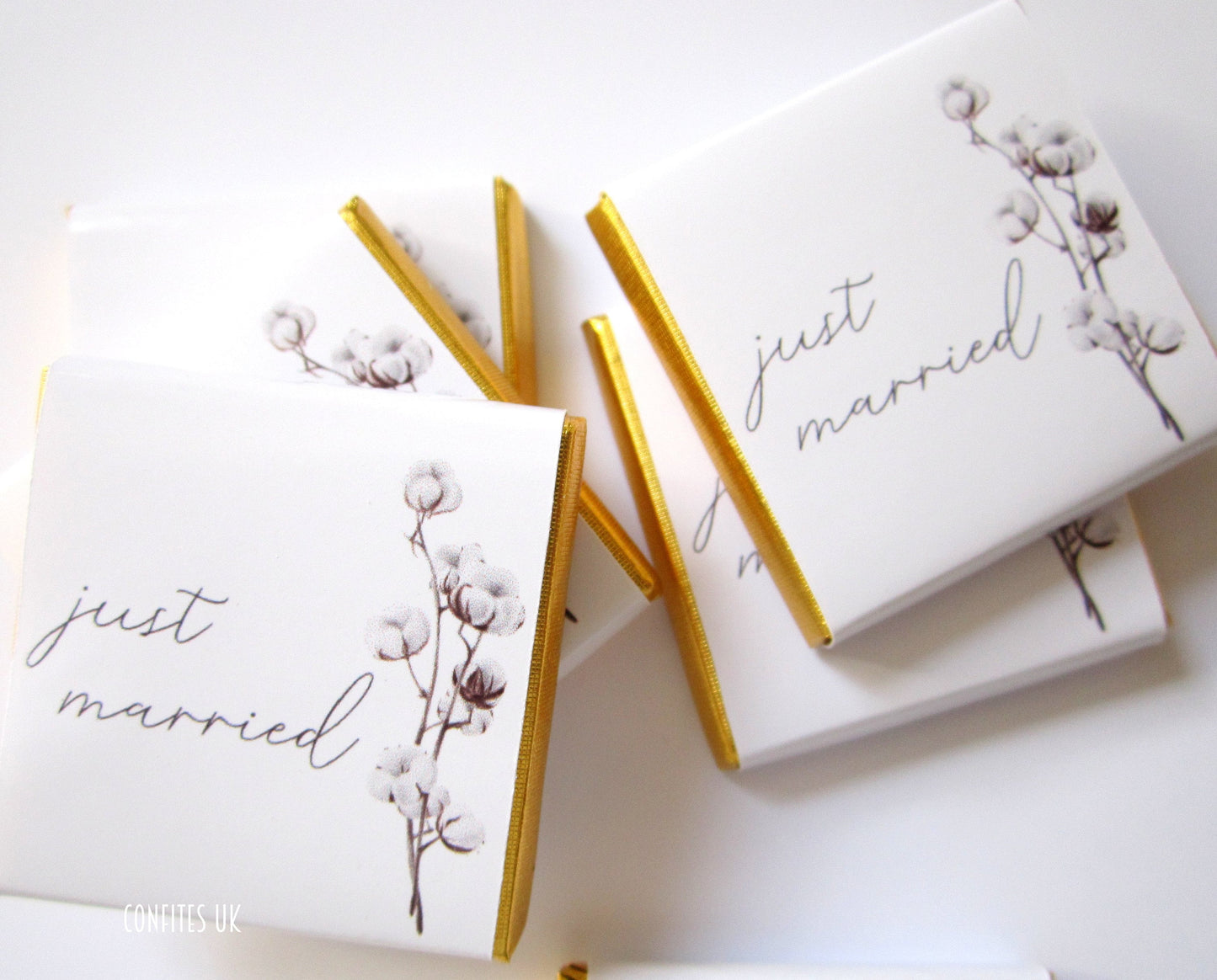 Personalized Just Married Chocolate Favours – Cotton Blossom Wedding Guest Favours (Pack of 25)