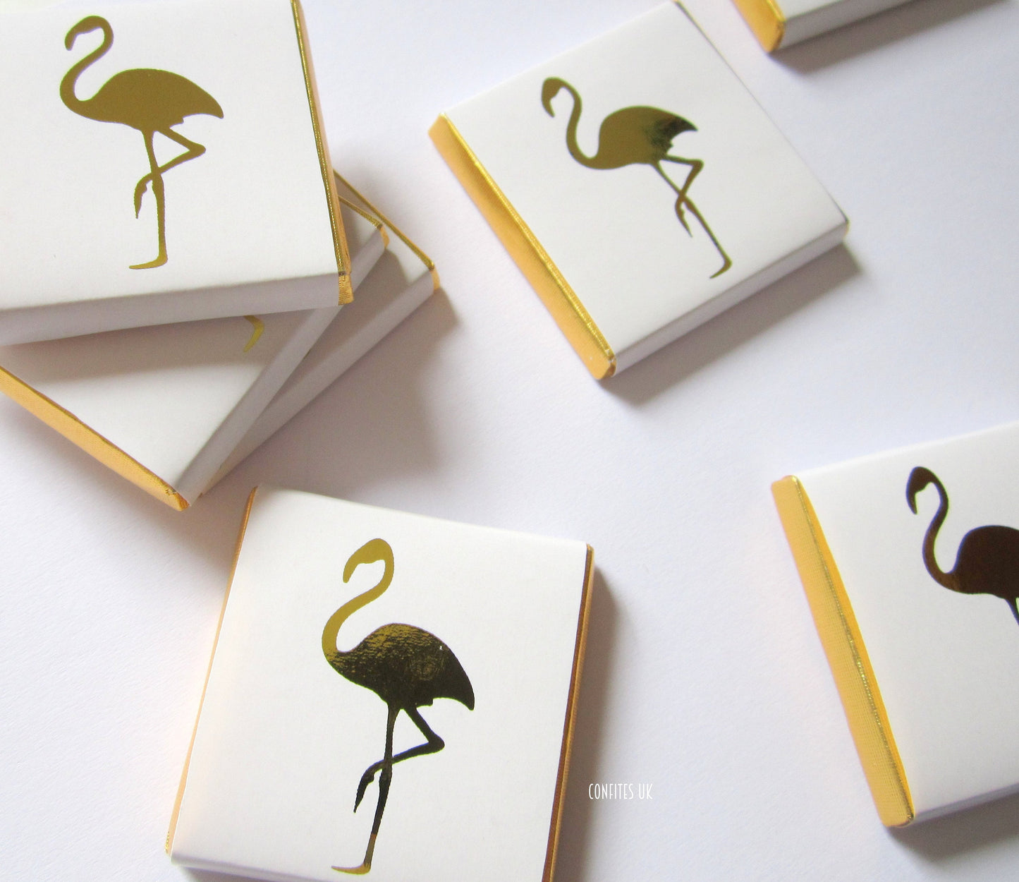 Personalized Golden Flamingo Chocolate Favours – White & Gold Guest Favours (Pack of 25)