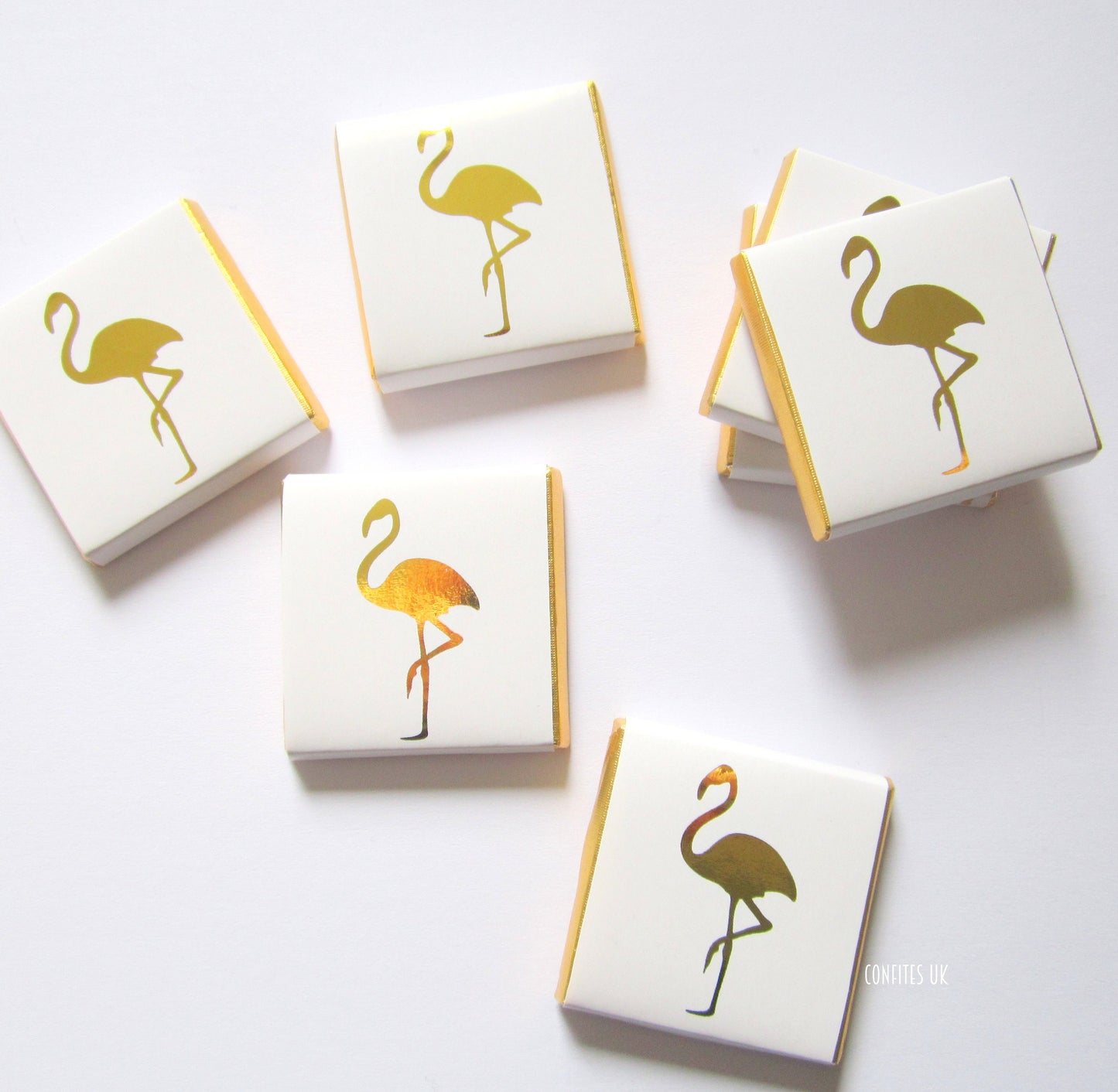 Personalized Golden Flamingo Chocolate Favours – White & Gold Guest Favours (Pack of 25)