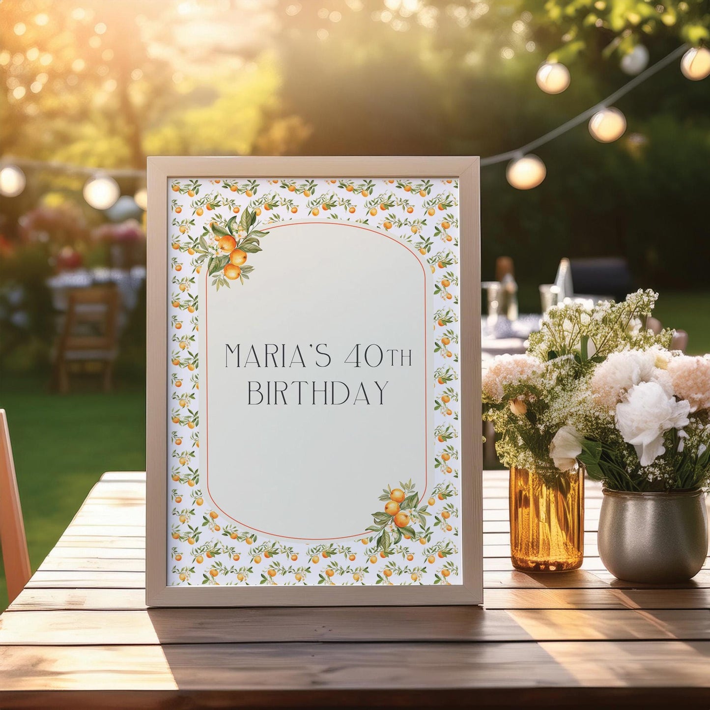 Personalised 40th Birthday Printed Sign β Mediterranean Oranges Design, Custom Table Centrepiece, Unframed in Multiple Sizes for Party Decor