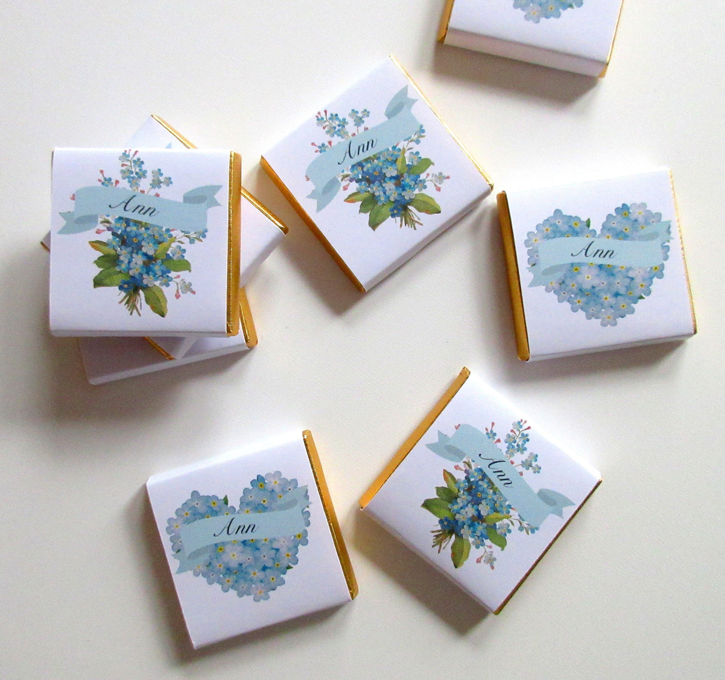 Forget Me Not Floral Bouquet Personalized Chocolate Favours – Funeral & Memorial Guest Favours, Pack of 25