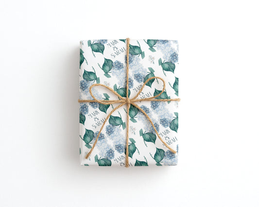 Personalised Wedding Wrapping Paper Blue Hydrangea