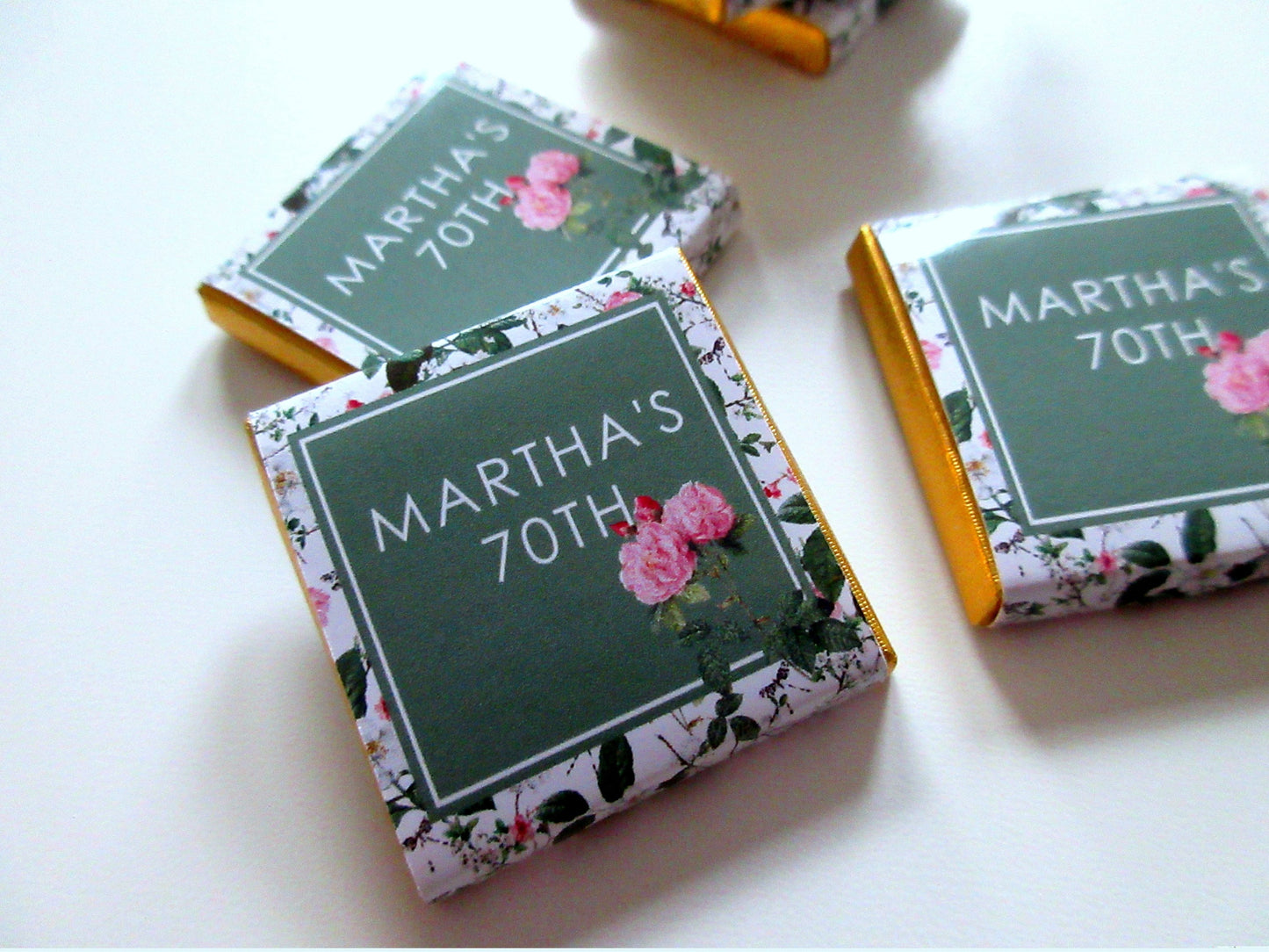Personalized Birthday Chocolate Favours β Cottage Garden Green & Pink, Party Favours, Pack of 25