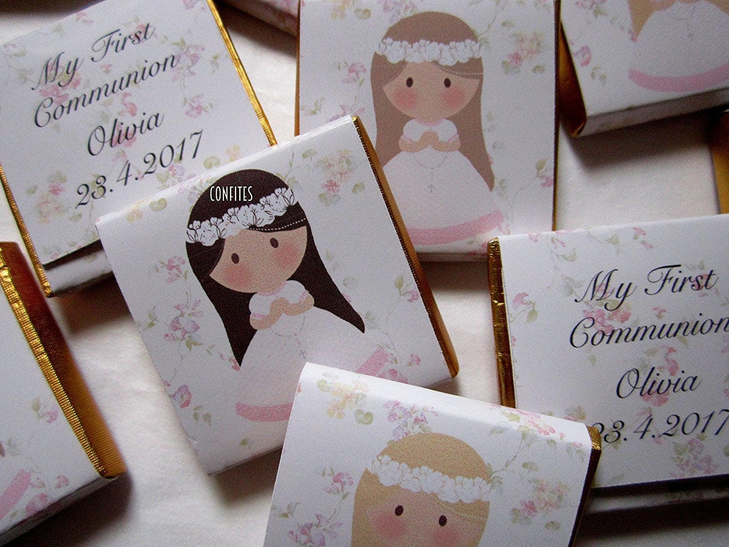 Personalized 1st Communion Girls Chocolate Favours β head white flowers (Pack of 25)