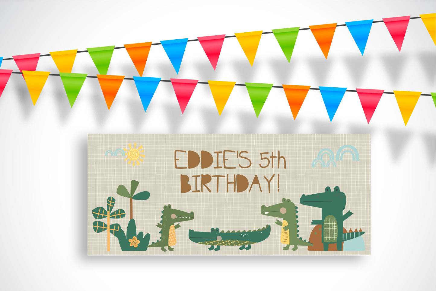 Personalised Alligator Birthday Banner – Custom Satin Paper Wall Decor for Jungle-Themed Parties