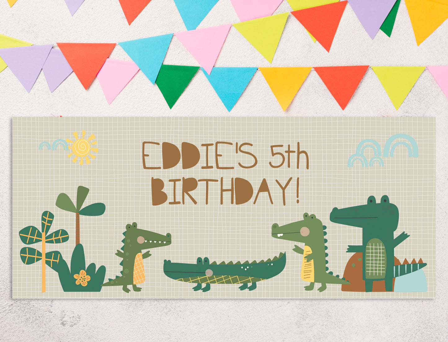 Personalised Alligator Birthday Banner – Custom Satin Paper Wall Decor for Jungle-Themed Parties