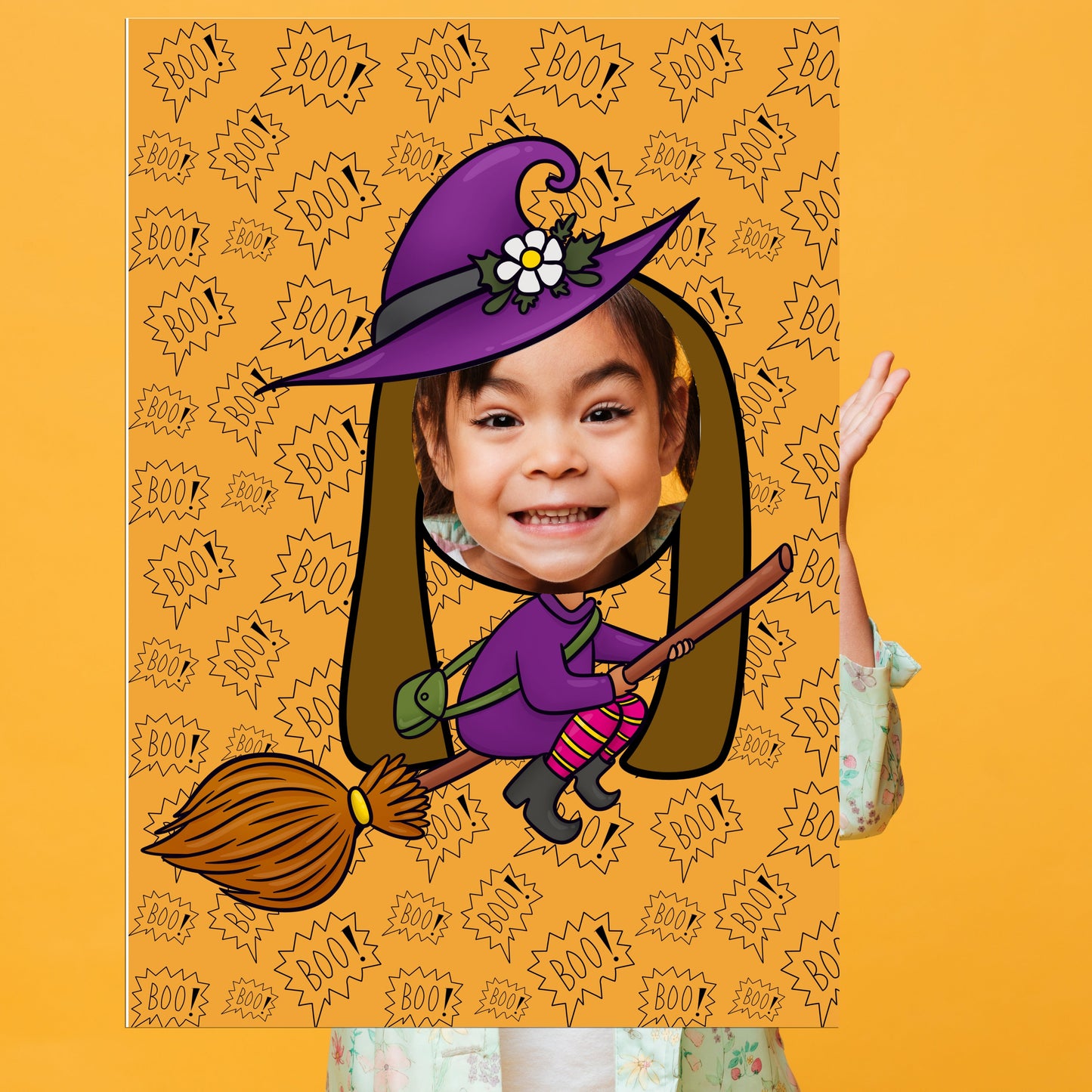 Person wearing a witch costume with a broom and hat on an orange background with Halloween text.