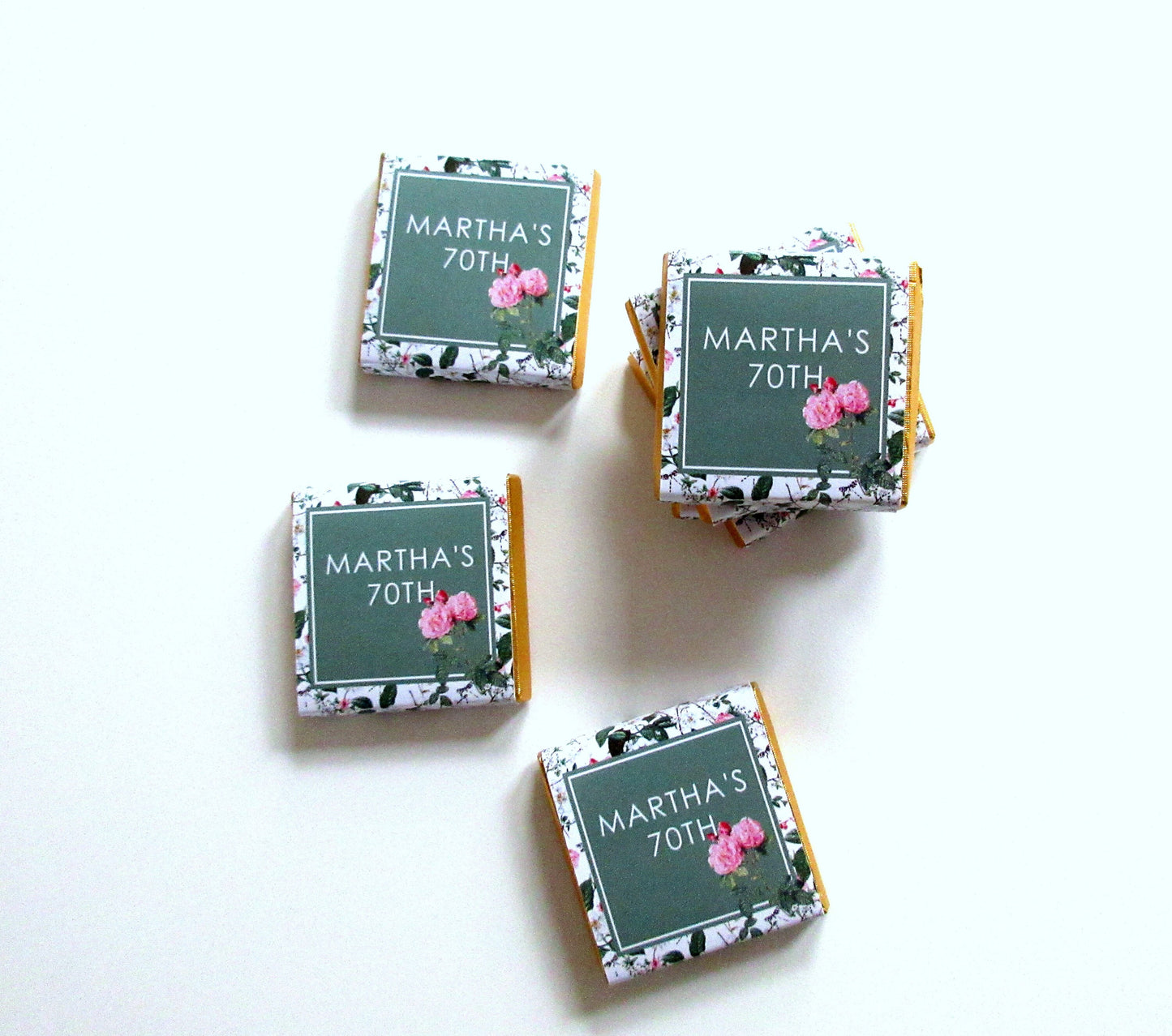 Personalized Birthday Chocolate Favours β Cottage Garden Green & Pink, Party Favours, Pack of 25