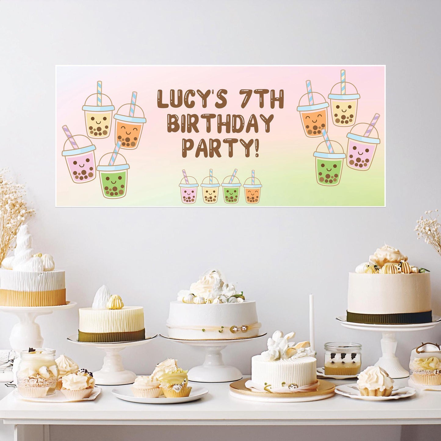 Personalised Bubble Tea Party Banner – Satin Paper Wall Decor for Bubble Tea Themed Birthdays