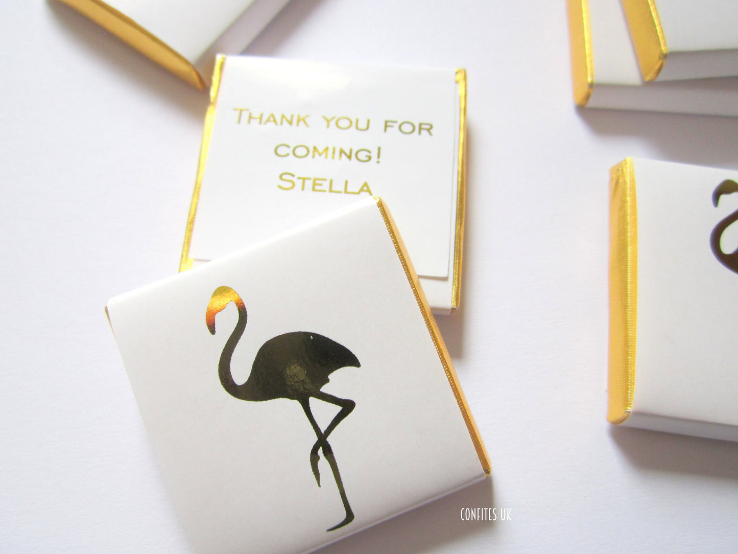 Personalized Golden Flamingo Chocolate Favours – White & Gold Guest Favours (Pack of 25)