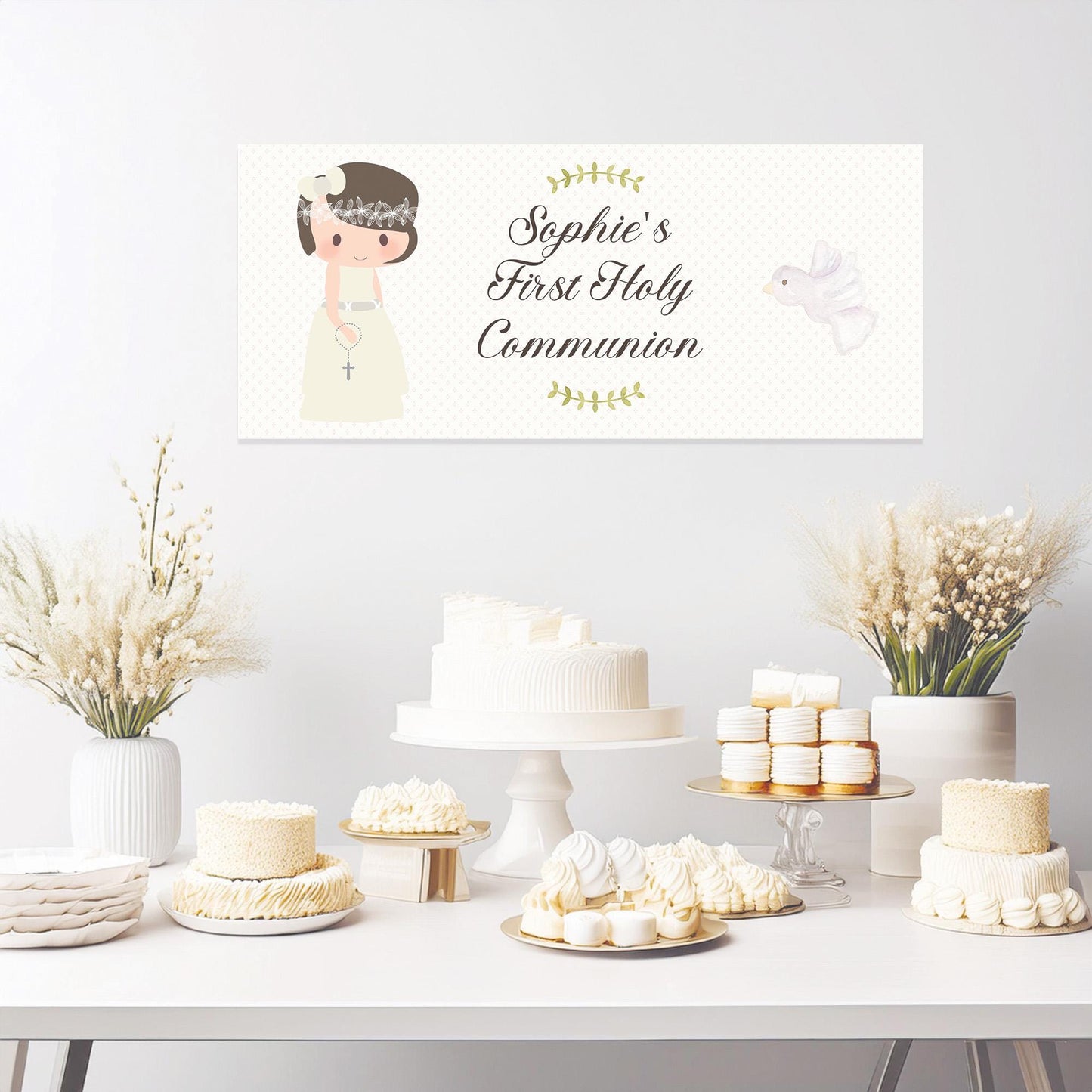 Personalised 1st Communion Banner for Girls with Short Hair β Satin Paper Wall Party Decor
