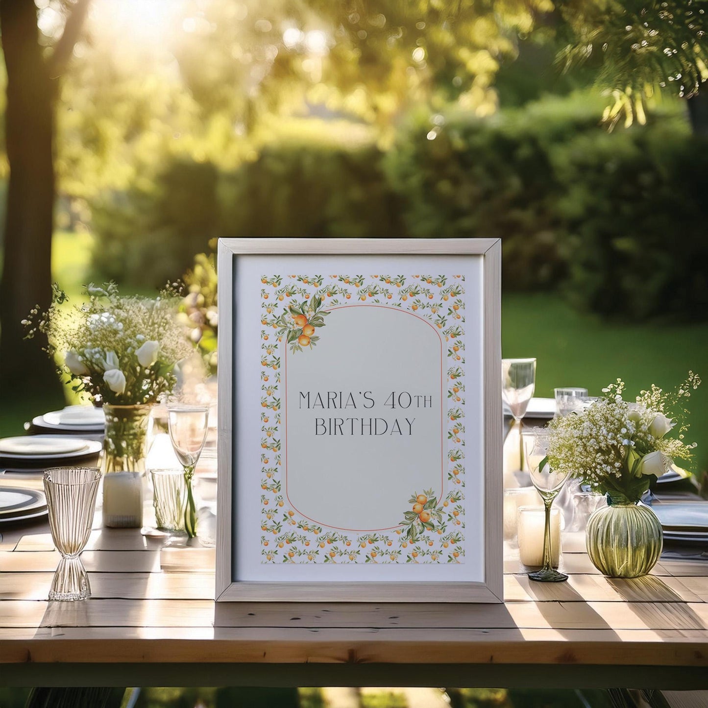 Personalised 40th Birthday Printed Sign β Mediterranean Oranges Design, Custom Table Centrepiece, Unframed in Multiple Sizes for Party Decor