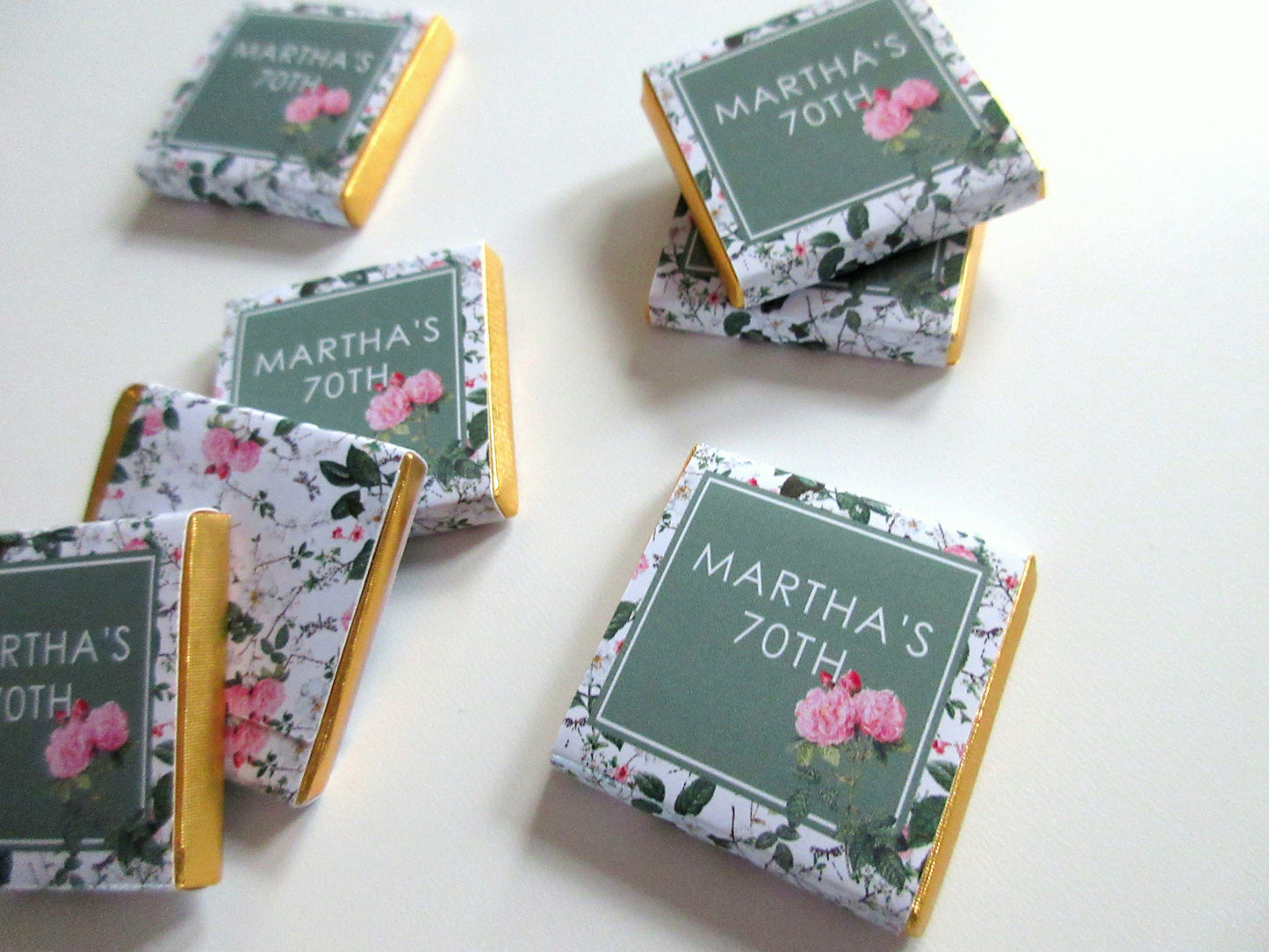 Personalized Birthday Chocolate Favours β Cottage Garden Green & Pink, Party Favours, Pack of 25