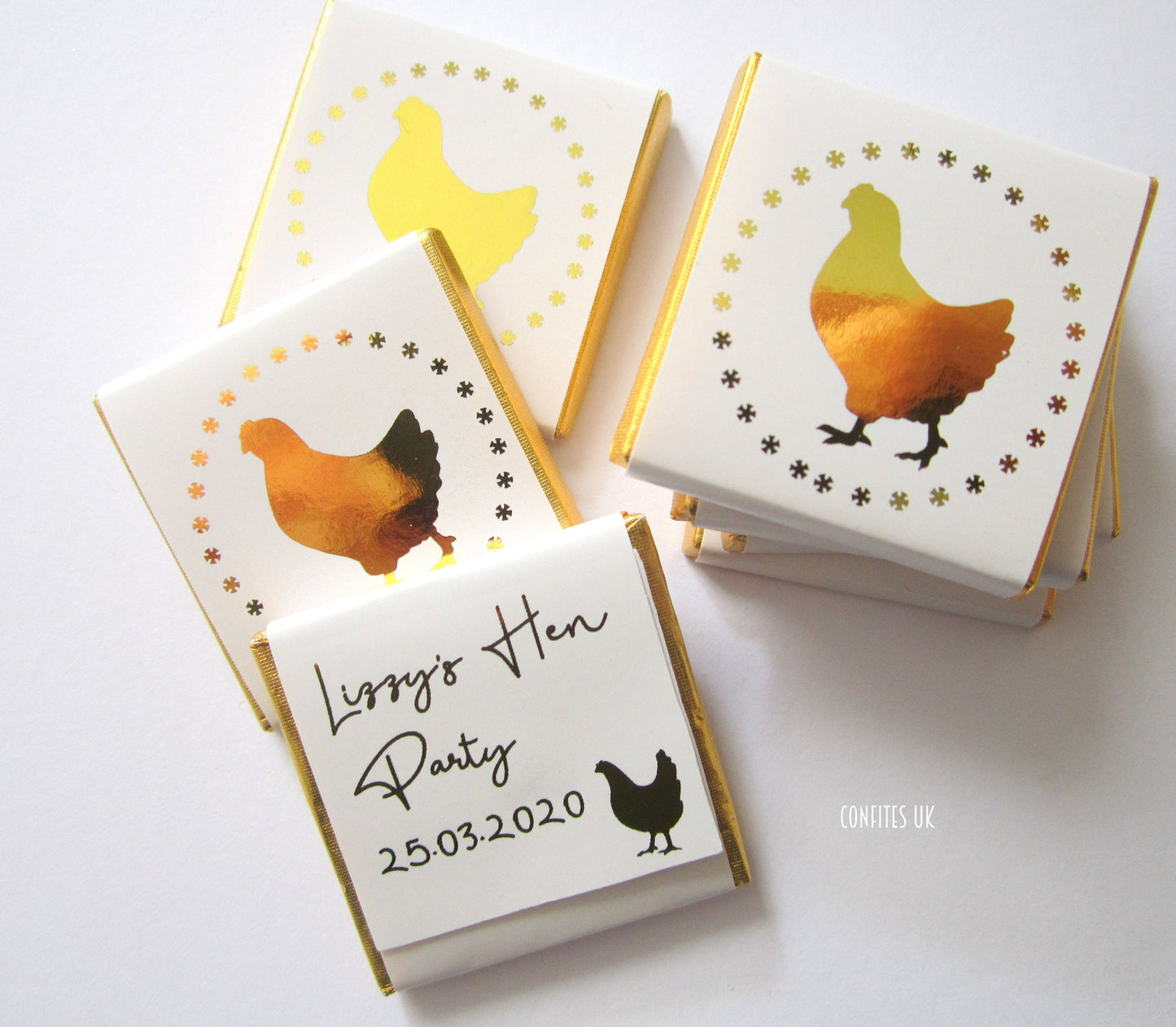 Personalized Hen Do Chocolate Favours – Golden Hen Guest Favours (Pack of 25)