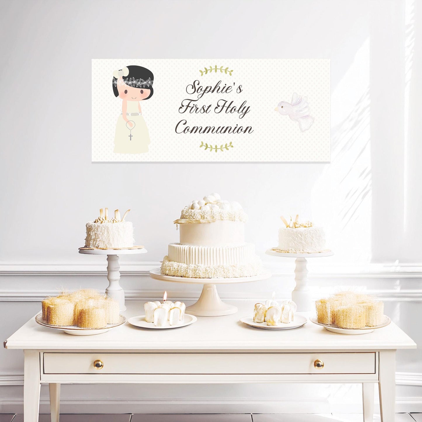 Personalised 1st Communion Banner for Girls with Short Hair β Satin Paper Wall Party Decor