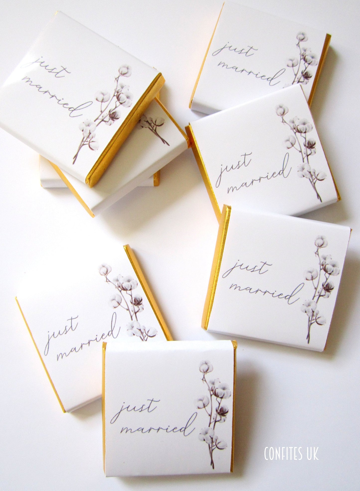 Personalized Just Married Chocolate Favours – Cotton Blossom Wedding Guest Favours (Pack of 25)