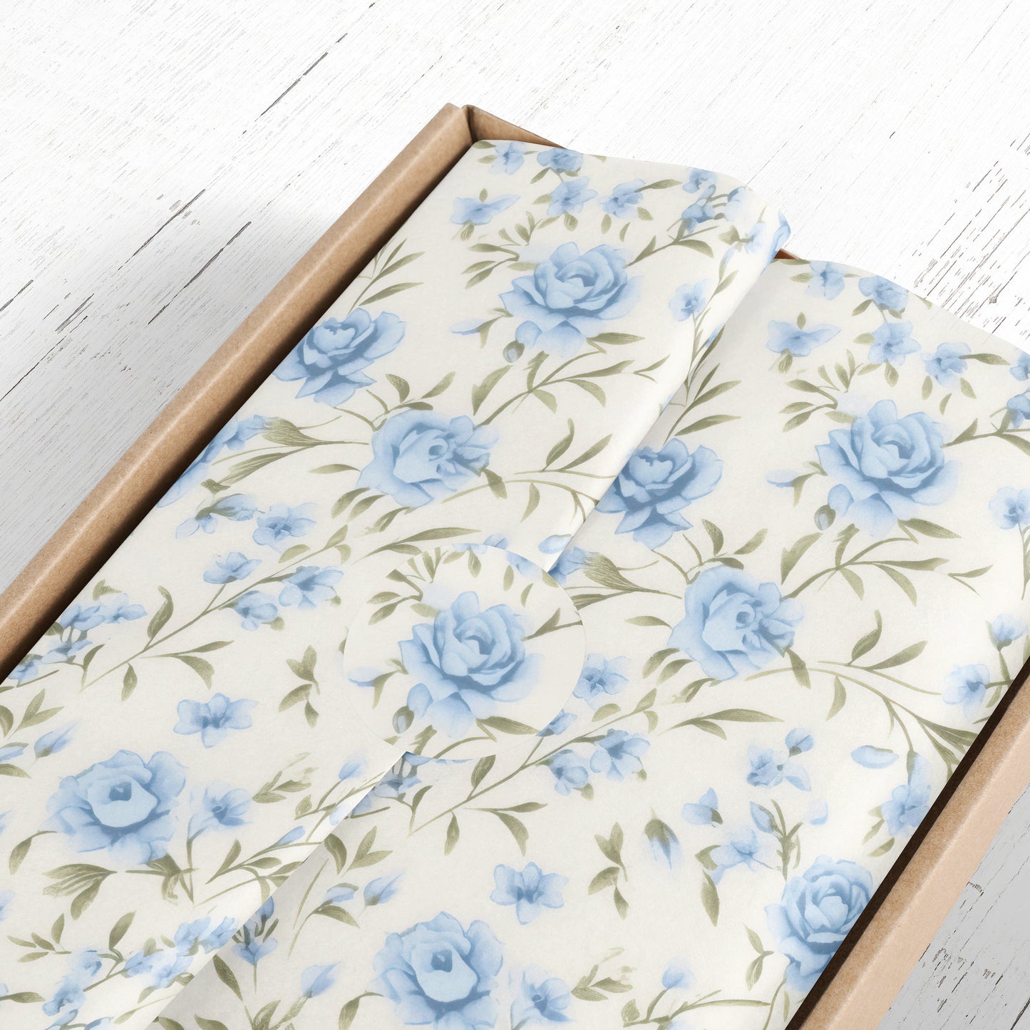 Blue Rococo Roses Gift Paper Sheet – Large Size Floral Wrapping Paper