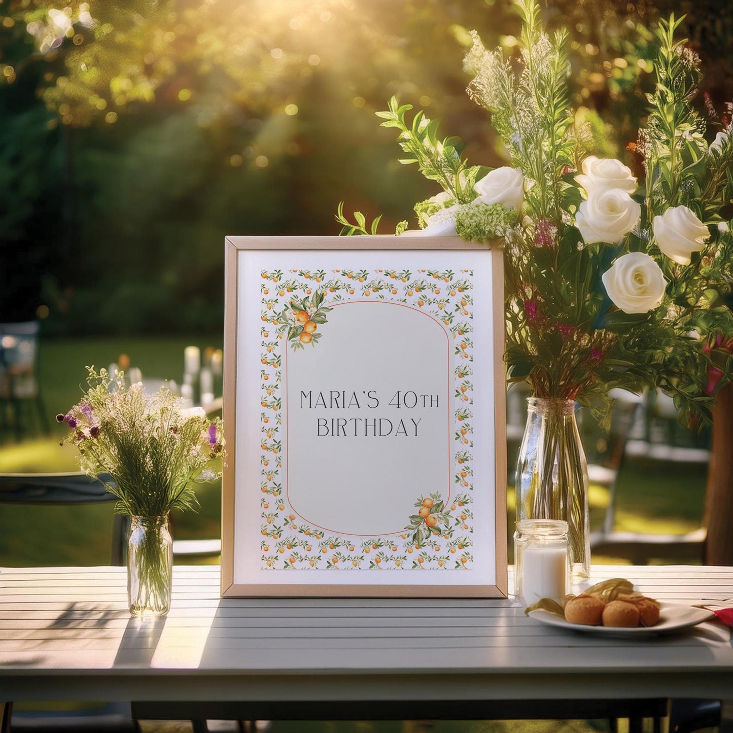 Personalised 40th Birthday Printed Sign β Mediterranean Oranges Design, Custom Table Centrepiece, Unframed in Multiple Sizes for Party Decor