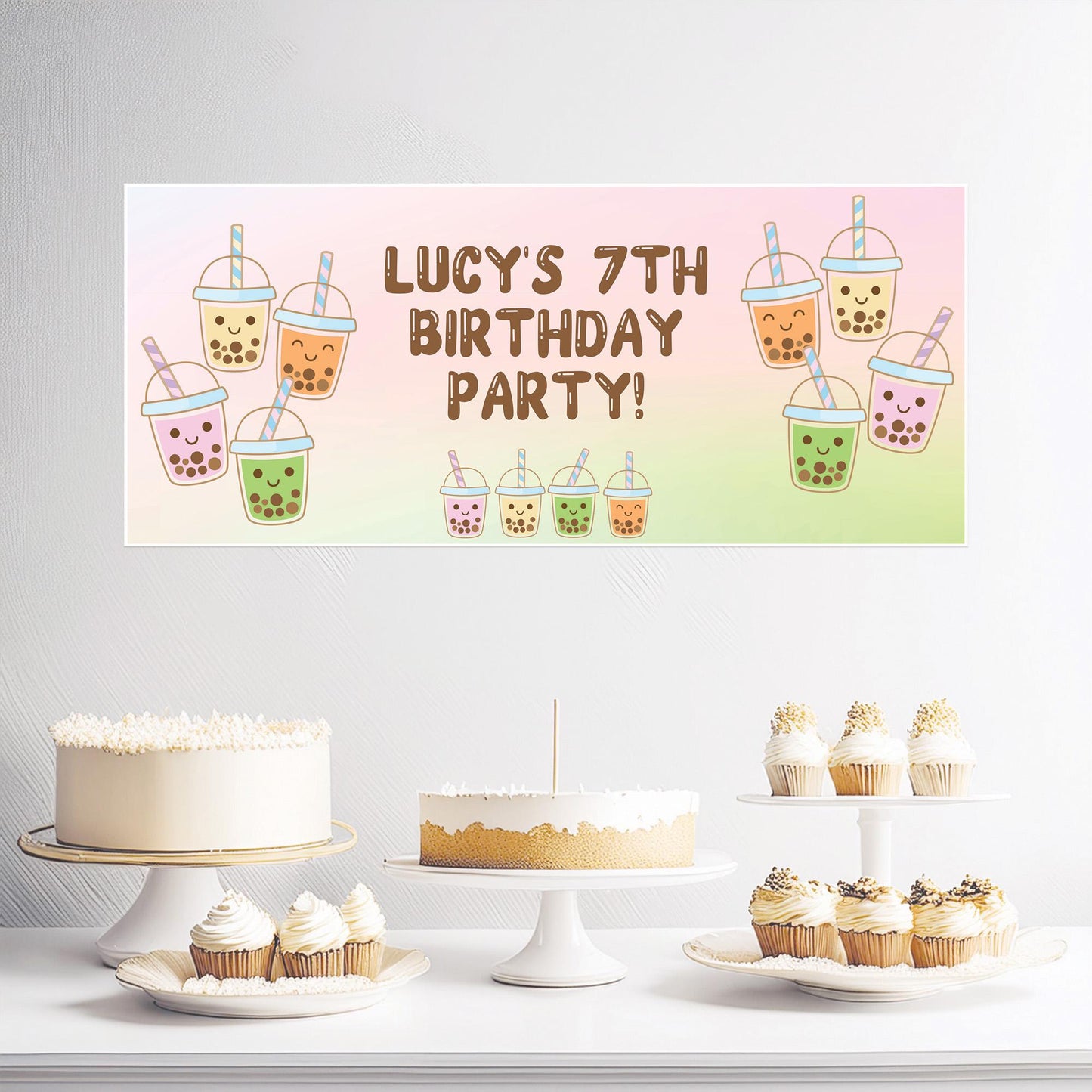 Personalised Bubble Tea Party Banner – Satin Paper Wall Decor for Bubble Tea Themed Birthdays