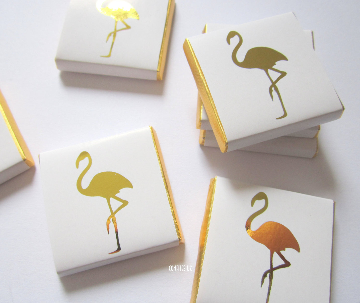 Personalized Golden Flamingo Chocolate Favours – White & Gold Guest Favours (Pack of 25)