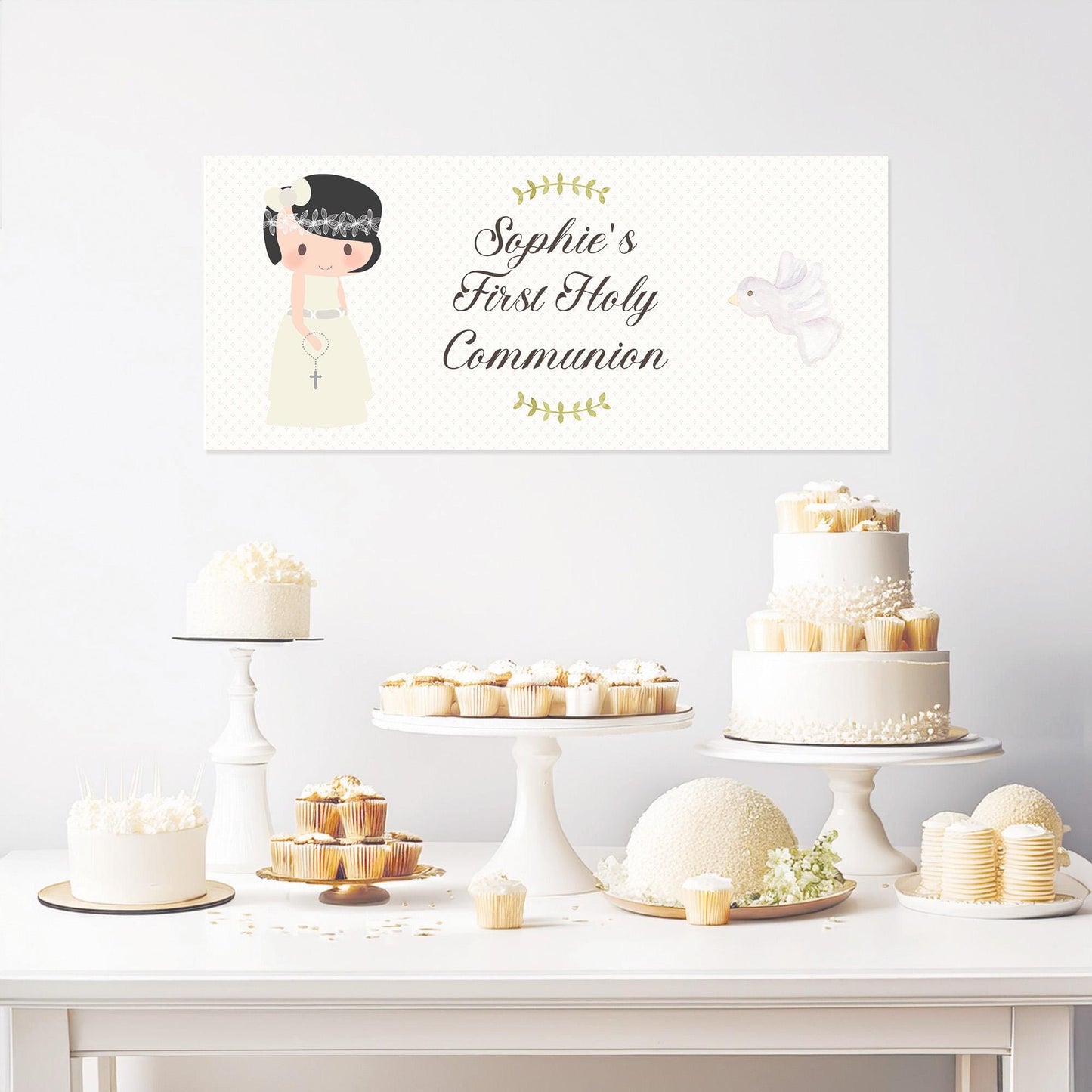 Personalised 1st Communion Banner for Girls with Short Hair β Satin Paper Wall Party Decor