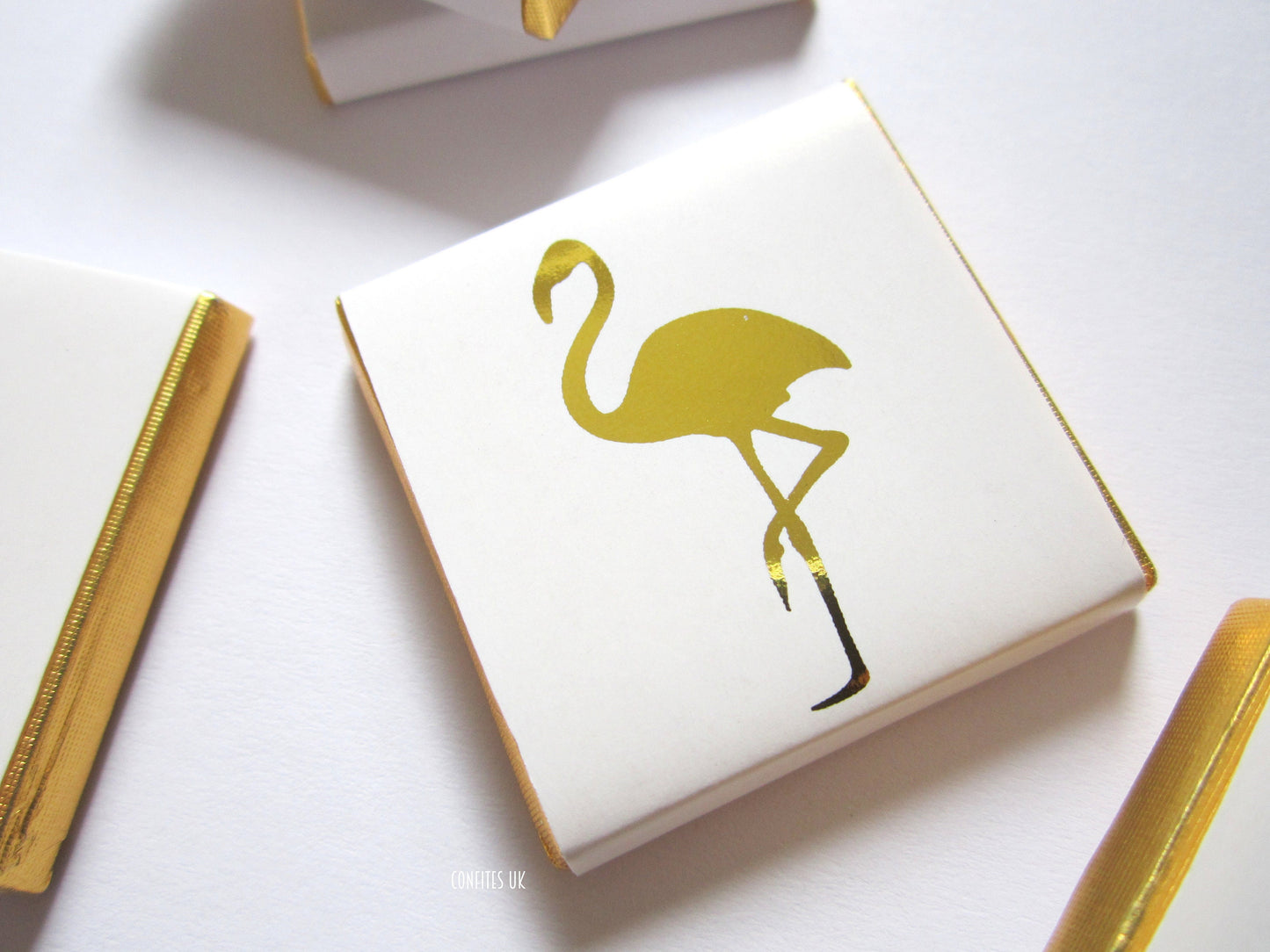 Personalized Golden Flamingo Chocolate Favours – White & Gold Guest Favours (Pack of 25)