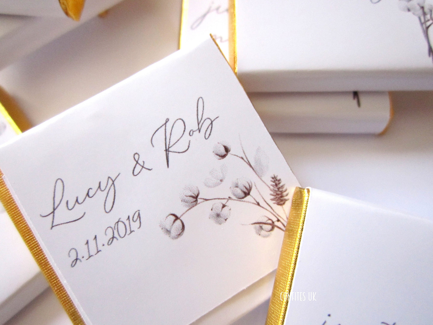Personalized Just Married Chocolate Favours – Cotton Blossom Wedding Guest Favours (Pack of 25)