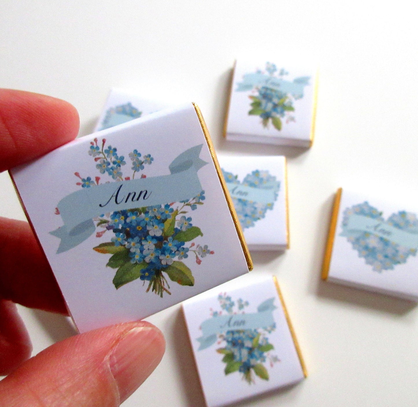 Forget Me Not Floral Bouquet Personalized Chocolate Favours – Funeral & Memorial Guest Favours, Pack of 25