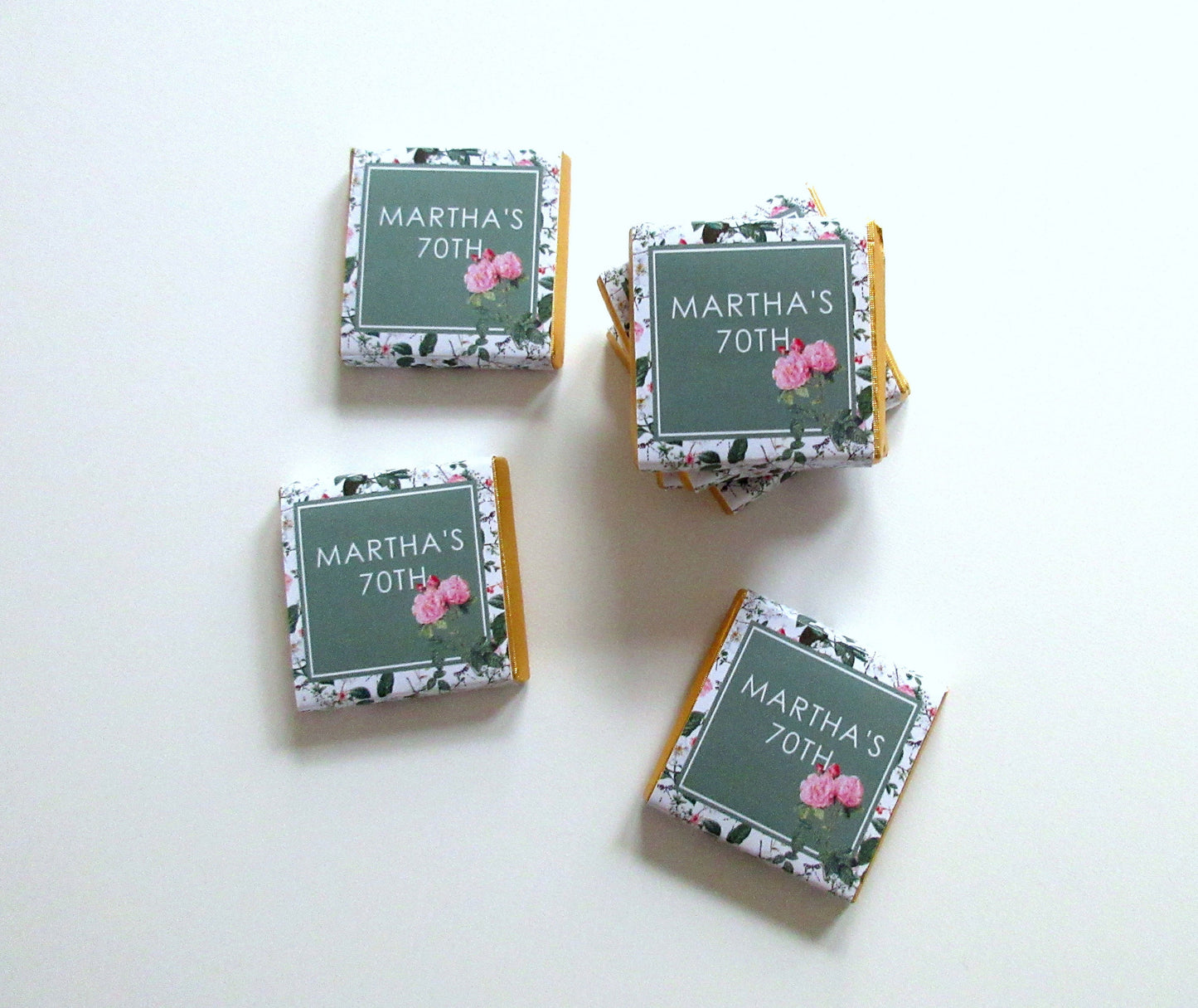 Personalized Birthday Chocolate Favours β Cottage Garden Green & Pink, Party Favours, Pack of 25