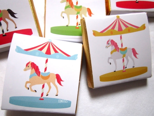 Charming, customisable chocolate favours  carousel horses themed. They're suitable for party favours, dessert tables, or events.