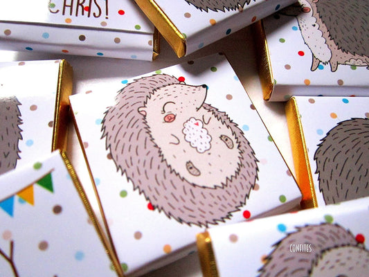 A pack of 25 hedgehog themed chocolate favours.
The chocolates can be personalised with a message on the back.
Designed for events like woodland-themed parties and birthdays.