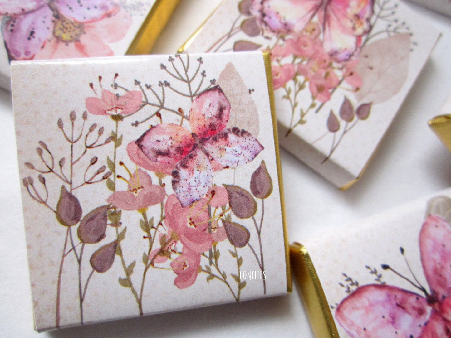 Butterfly Birthday Favours – Personalised Chocolates with Flowers (Pack of 25)
