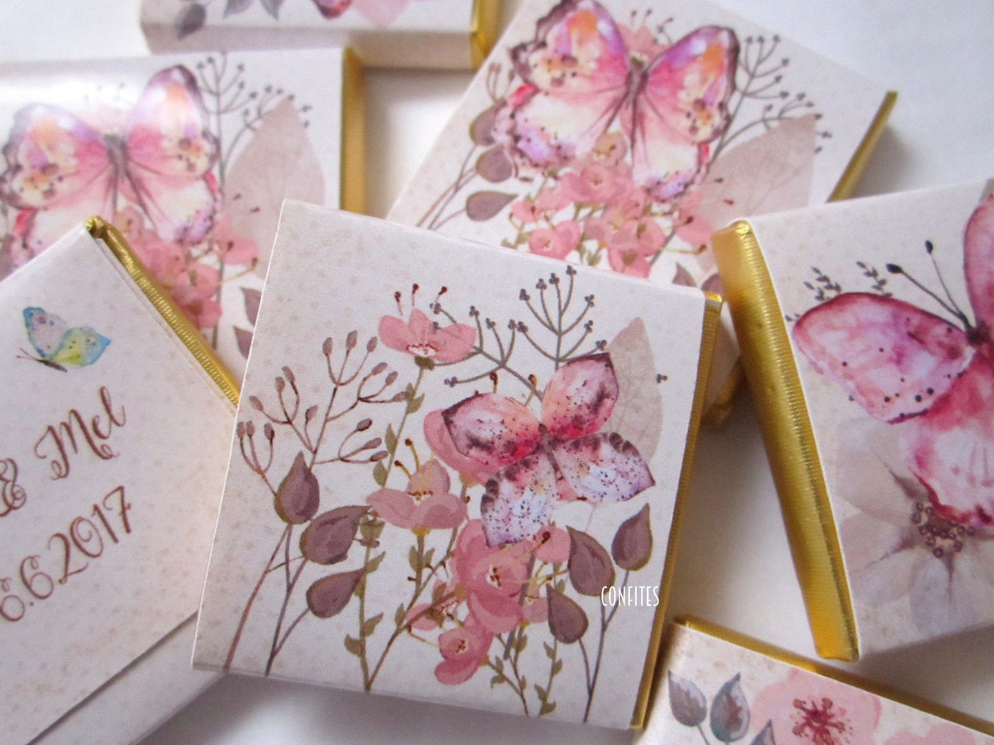 Butterfly Birthday Favours – Personalised Chocolates with Flowers (Pack of 25)