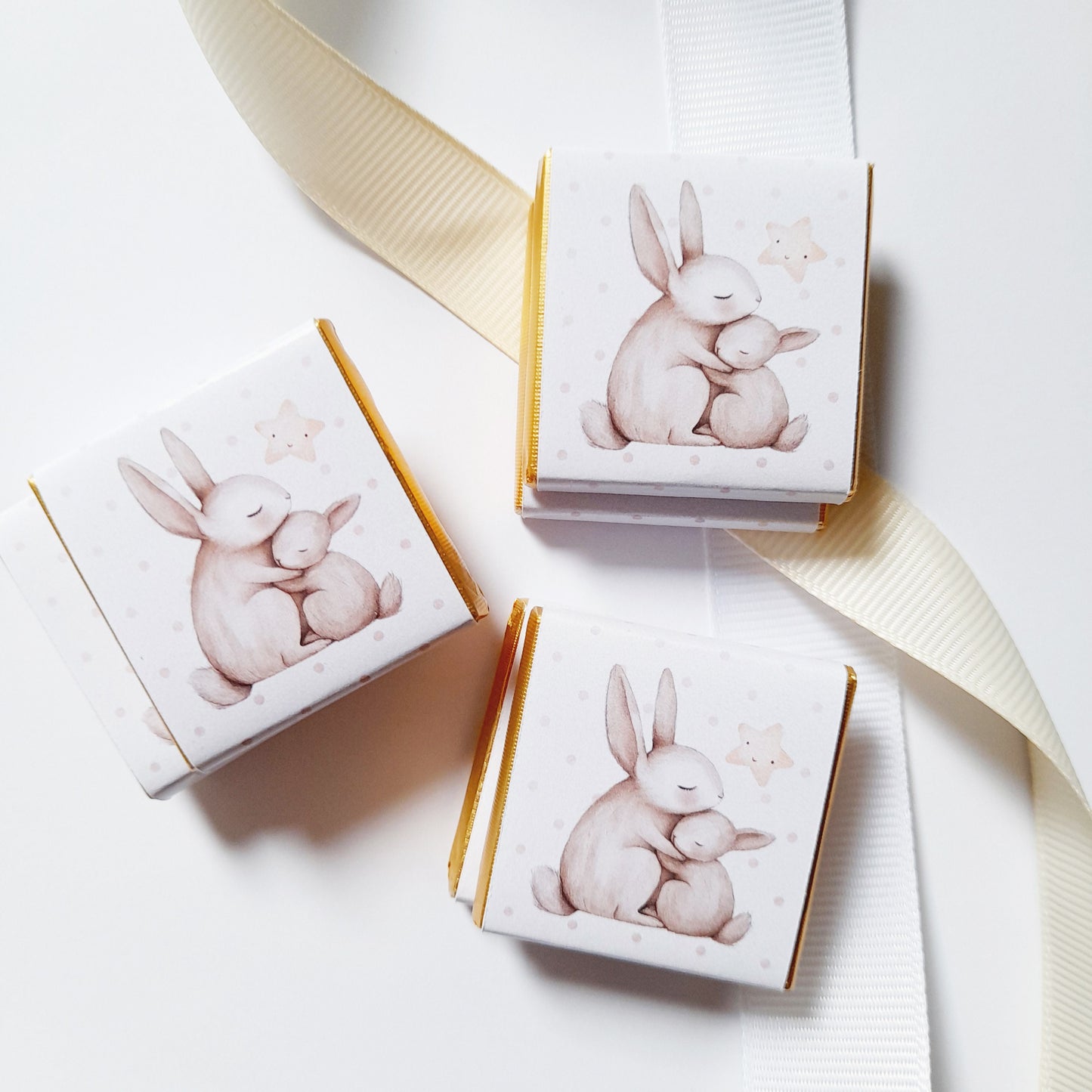 Adorable mamma-and-baby bunny chocolate favours with a personalised back. They are ideal for baby showers or party keepsakes.