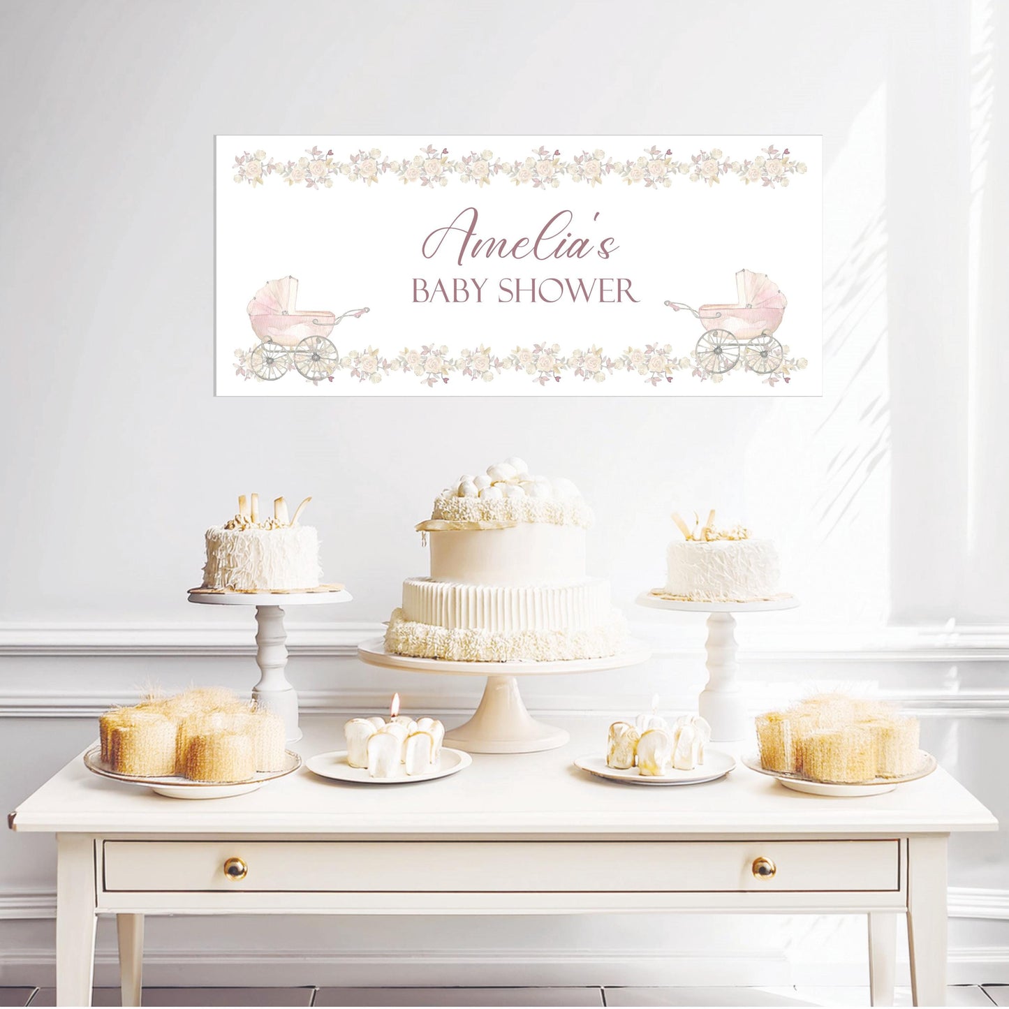 Personalised Girl Baby Shower Banner – Luxury Satin Paper Decoration